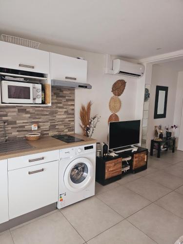 a kitchen with a washing machine and a microwave at ALIZENZO in Le Diamant