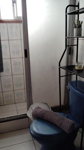 a bathroom with a blue toilet in a room at Las Cruces Cabaña de descanso in Las Cruces