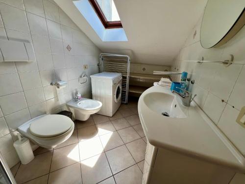 a small bathroom with a toilet and a sink at Dolomiti Garden Apartment in Terzolas