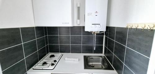 une cuisine avec une cuisinière et un évier dans l'établissement Réve de mer au marin land, à La Grande Motte