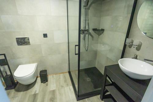 a bathroom with a shower and a toilet and a sink at Moncastro Glamping in Vylkove