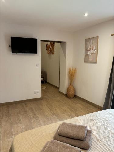 a room with a bed and a flat screen tv at Le Mas d'Archas Montélimar Sud in Allan