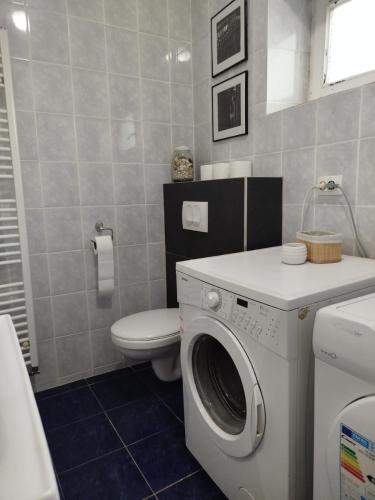 a bathroom with a washing machine and a toilet at quite nest in Sremska Kamenica