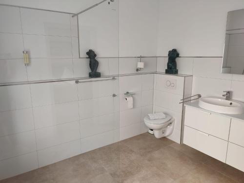 a bathroom with a toilet and a sink at Hotel Schweizer Stubb in Kaiserslautern