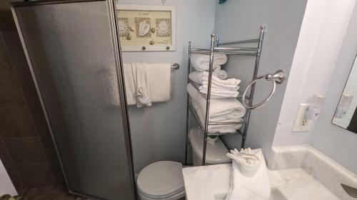 a bathroom with a shower and a toilet and towels at Cozy Studio Beachfront Condo - Romantic Getaway! in Fort Walton Beach