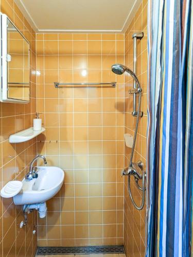 a bathroom with a sink and a shower at Cozy Tiny House between Veluwe en Veluwemeer - with free use of bikes in Ermelo