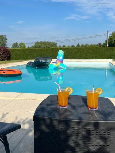 - deux boissons sur une table à côté de la piscine dans l'établissement La villa Landaise avec piscine, à Saubrigues