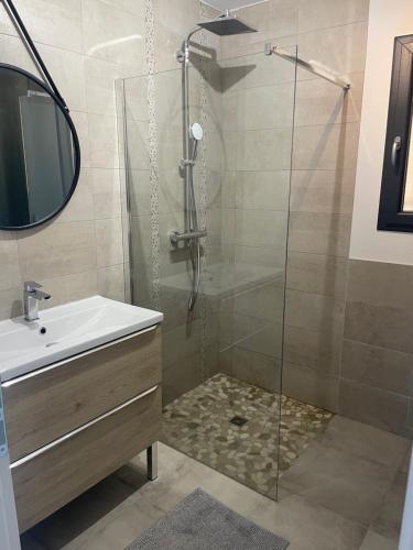 une salle de bain avec douche et lavabo dans l'établissement Villa bedoin au pied du mont ventoux 4 pers, à Bédoin