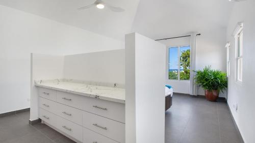 een witte badkamer met een wastafel en een spiegel bij Châlet Genesis in Meads Bay