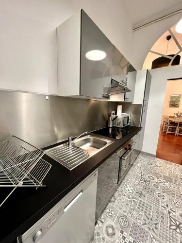 une cuisine avec un évier et un plan de travail dans l'établissement SUNNY , terrasse, climatisation, centre ville, à Carcassonne