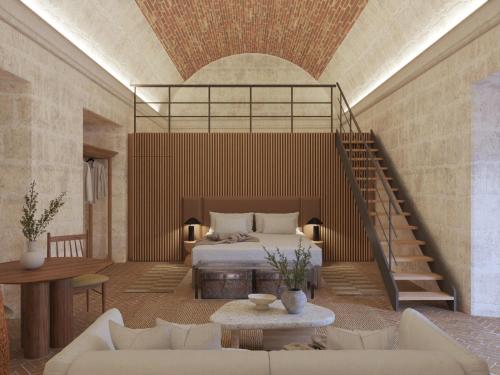 a bedroom with a bed and a staircase in a room at Palacio Guaqui by Ananay Hotels in Arequipa