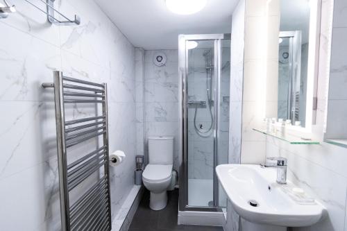 a bathroom with a toilet and a sink and a shower at The Peacock at Barlow in Chesterfield