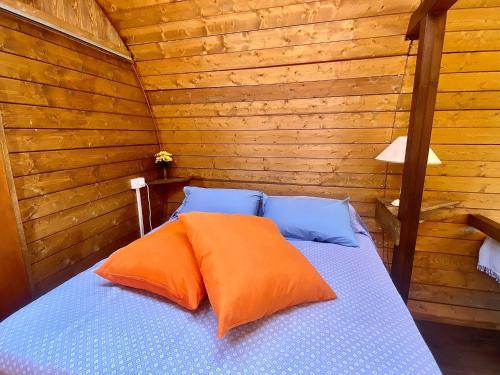 a bed with an orange pillow in a wooden room at Le Botti Fiorentine in Reggello