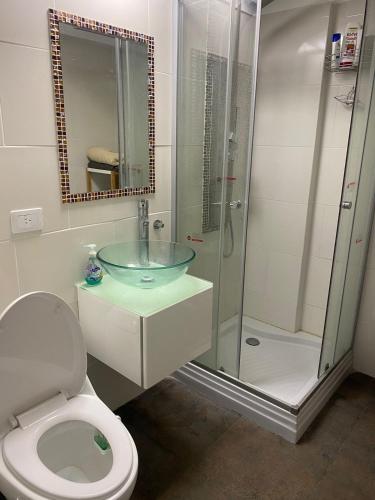 a bathroom with a toilet and a glass shower at Dpto Frente al mar Av Bunge y Av Del Mar in Pinamar