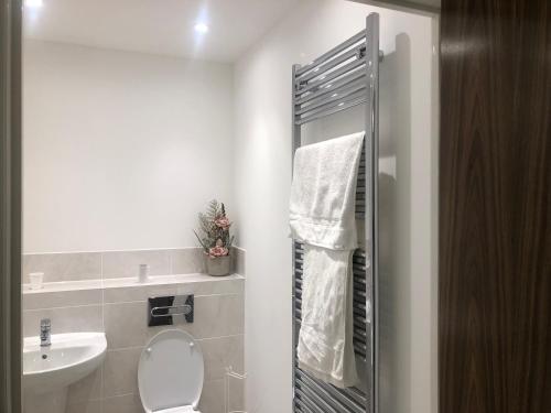 a white bathroom with a toilet and a sink at Sorbus - Flat in West Thurrock