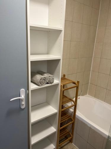 un placard avec des étagères blanches et une baignoire dans l'établissement Appartement en Rez-de-jardin, à Nice