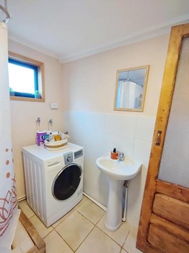 a bathroom with a washing machine and a sink at Casa Giovanna in Puerto Natales