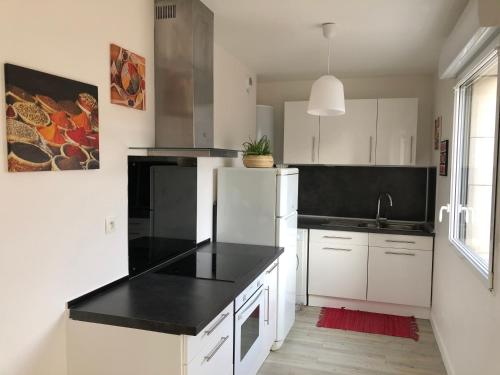 une cuisine avec des armoires blanches et un comptoir noir dans l'établissement Hyper centre très lumineux, à Orléans