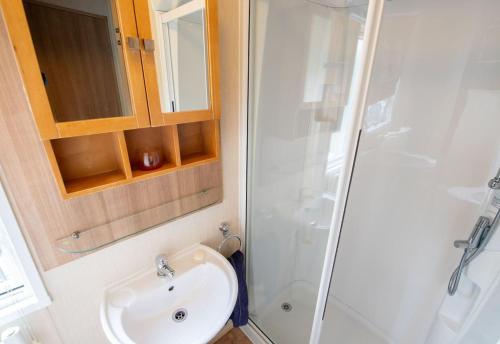 a bathroom with a sink and a shower at No 27 Coghurst Hall Hastings in Fairlight