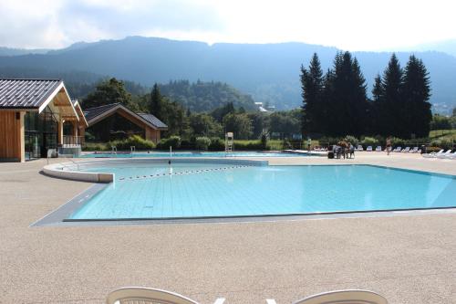 a large swimming pool with a mountain in the background at Le Chalet d'Ulysse in Arâches-la-Frasse