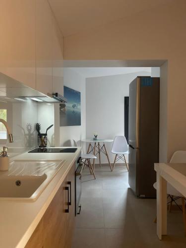 a kitchen with a stainless steel refrigerator and a table at Sofia's House in Nea Moudania