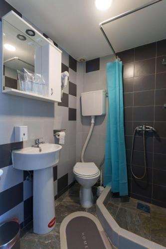 a bathroom with a toilet and a sink and a shower at Step rooms apt spa in Belgrade