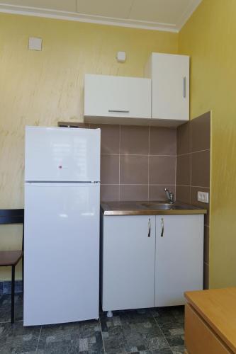 a kitchen with a white refrigerator and a sink at Step rooms apt spa in Belgrade
