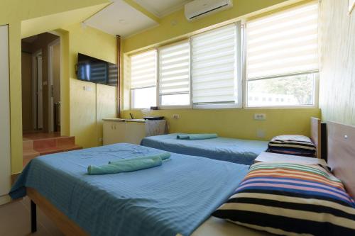 two beds in a room with two windows at Step rooms apt spa in Belgrade