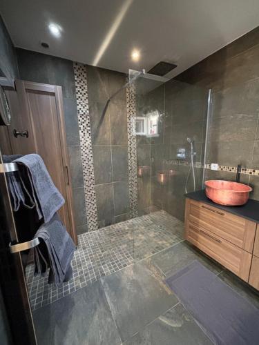 une salle de bain avec une douche avec un lavabo et une baignoire dans l'établissement Maison tout confort à proximité des plages, à Villeneuve-Loubet