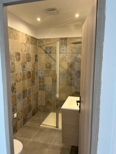 a bathroom with a shower and a toilet and a sink at Résidence les Moulins-appartements privatifs in Olmeto