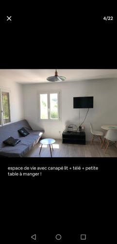 un salon avec un lit et une télévision dans l'établissement Grand studio 6 personnes terrasse parking, à Toulon