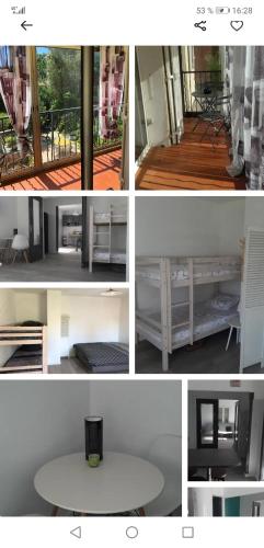 un collage de photos avec une table et une chambre dans l'établissement Grand studio 6 personnes terrasse parking, à Toulon
