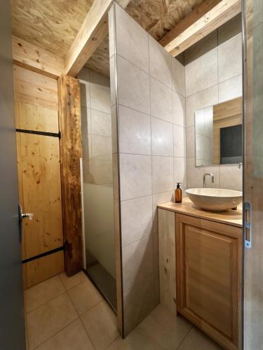 une salle de bain avec un lavabo et une douche dans l'établissement L'Ostal, à Les Combes