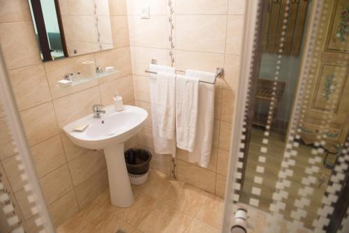 a bathroom with a sink and a shower with towels at Pensiunea Floare De Colt in Poiana Galdei