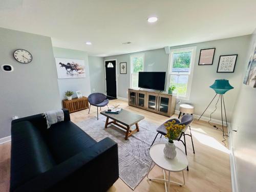 a living room with a couch and a tv at Comfy Lower Lvl Apt with Jetted Tub Near Uptown and UNC in Charlotte