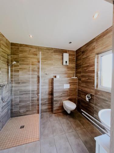 un bagno con doccia, WC e lavandino di Haus Marksburg a Lahnstein
