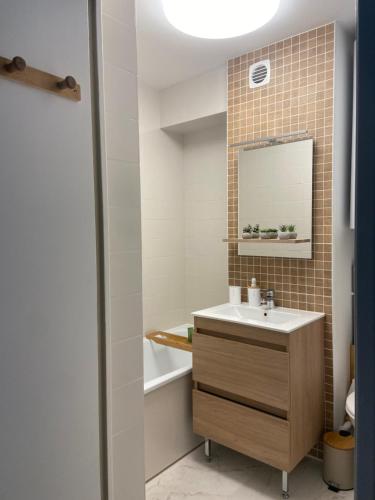 une salle de bain avec un lavabo, un miroir et une baignoire dans l'établissement Le studio de Myriam, à Vernon