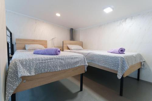 two beds in a room with purple pillows on them at Step rooms apt spa in Belgrade