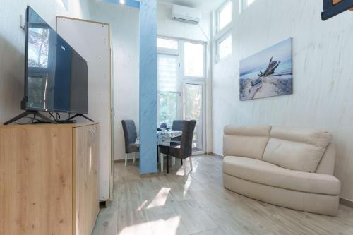 a living room with a couch and a tv at Step rooms apt spa in Belgrade