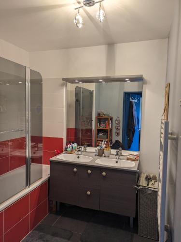 une salle de bain avec un lavabo et un grand miroir dans l'établissement T3 proche des Calanques, terrasse, vue collines, à Marseille