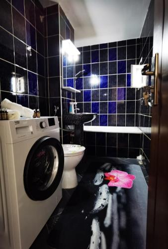 a bathroom with a washing machine and a toilet at Zen Apartament in Alba Iulia