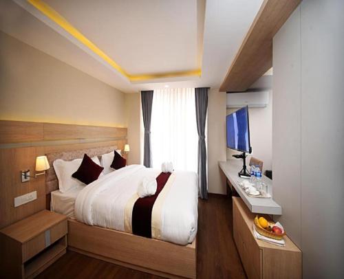 新德里Hotel TEO SUITES International Airport的一间带大床和电视的卧室