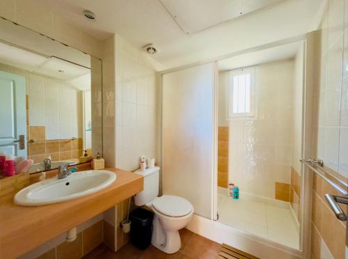 une salle de bain avec toilettes, lavabo et douche dans l'établissement Les Trois Terrasses, à Argelès-sur-Mer