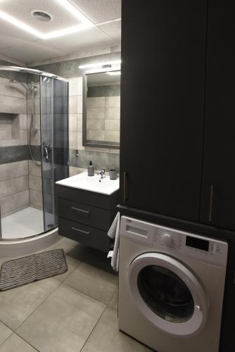a bathroom with a washing machine and a shower at Apartament na Tylnej w Śremie - Nr 1 Parter in Śrem