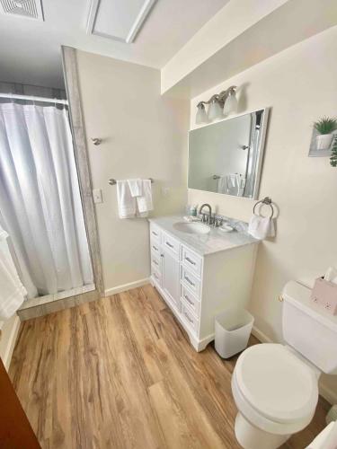 a bathroom with a sink and a toilet and a mirror at Roomy Midtown Home-Large and Central to Everything in Pocatello