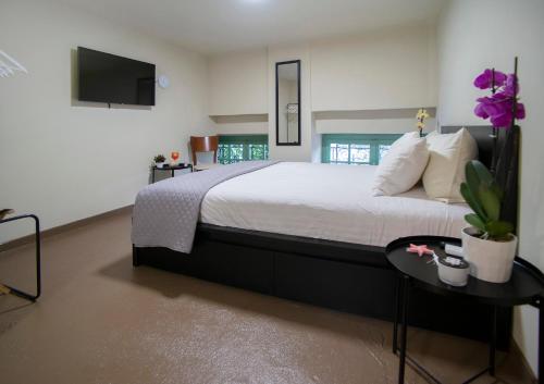 a bedroom with a large bed and a tv at Ancient Agora Plaka in Athens