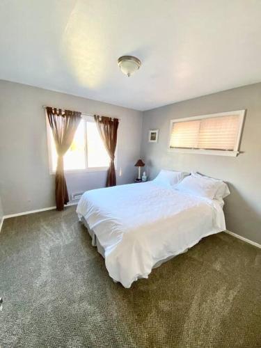 a bedroom with a white bed and two windows at Comfy Pocatello home-central to park and grocery in Pocatello