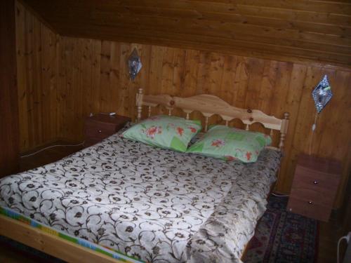 ペレスラヴリ・ザレスキーにあるApartment Na Krivokolennomの木製の部屋にベッド1台が備わるベッドルーム1室があります。