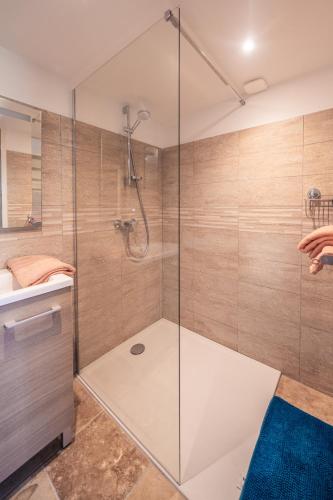 une salle de bain avec une douche avec une porte vitrée dans l'établissement Gîte 