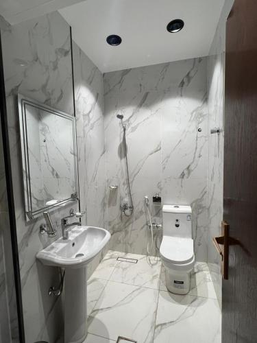 アブハにあるرفد باركの洗面台とトイレを備えた白いバスルーム